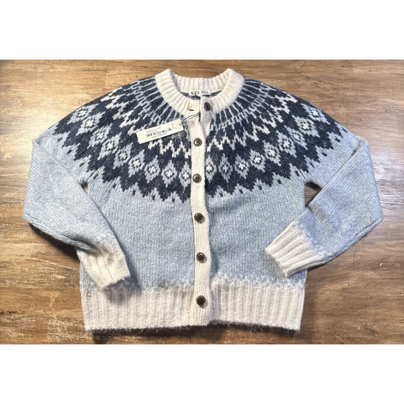 ALEX MILL ASHWOOD FAIR ISLE CARDIGANBLUE WHITE ROUND NECK LONG SLEEVE XSMALL - Picture 1 of 8